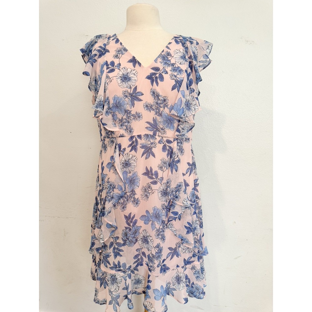 Tommy Hilfiger Women's 14 Pink blue floral midi dress ruffle sleeves elegant